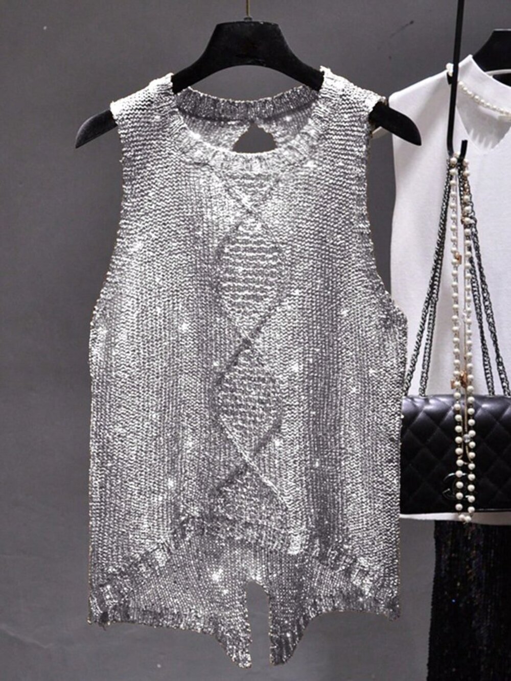 Light Grey Casual Women's Sleeveless Round Neck Asymmetric Hemline Knit Tank Top
